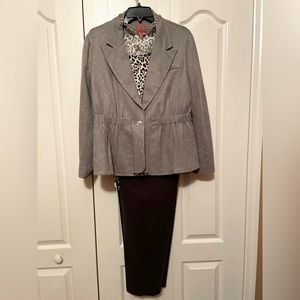 Complete outfit! Peplum blazer,leopard print top, pants & silver tone necklace.